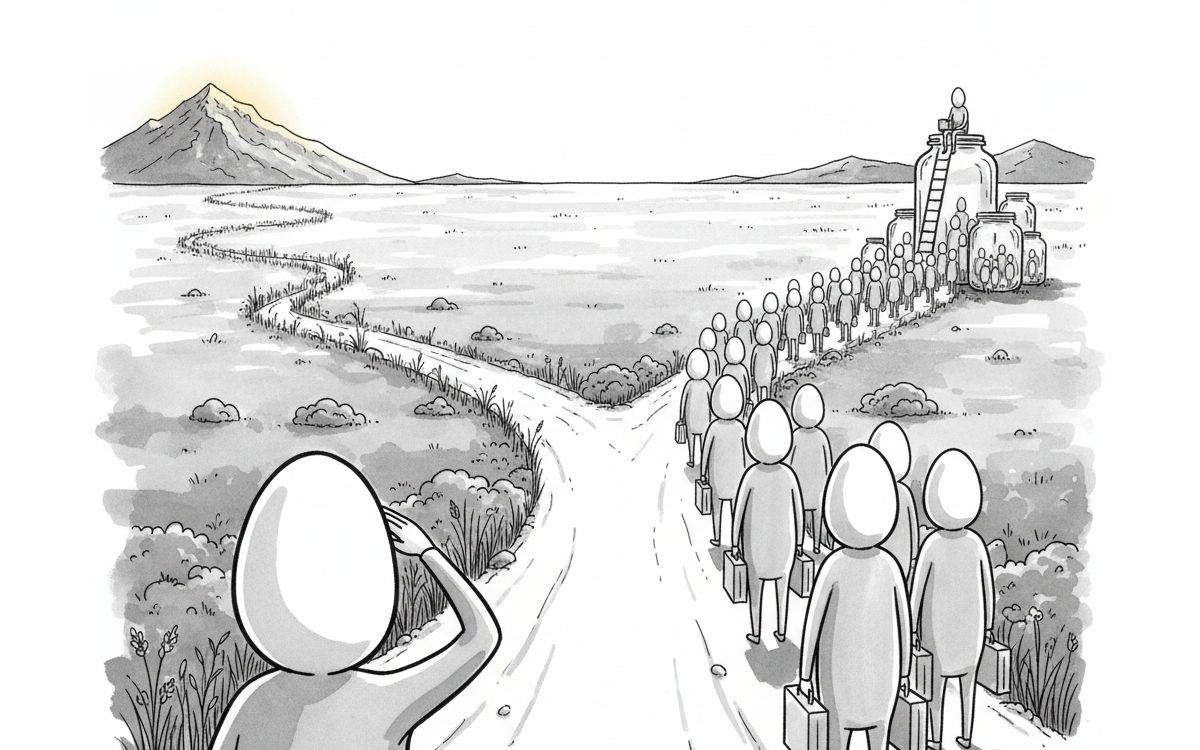 The Entrepreneur's Path — a figure at a crossroads gazes toward distant mountains